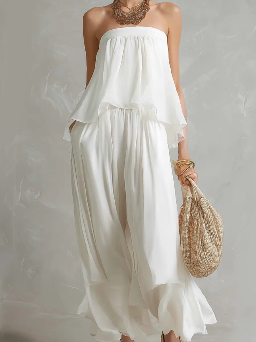 Bohemian White Chiffon Strapless Pantsuit