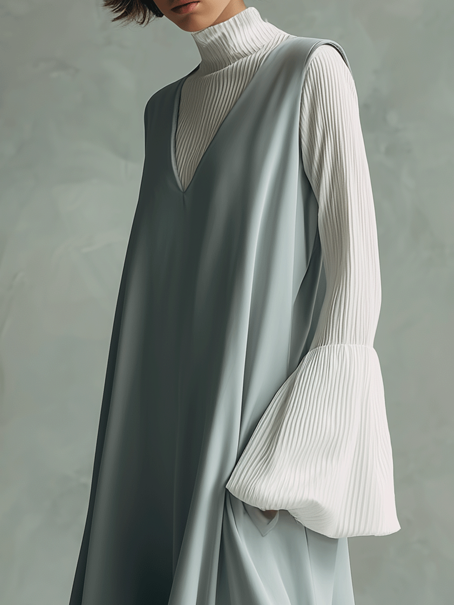 Sleeveless V-Neck Maxi Dress With Layered Turtleneck Top Set