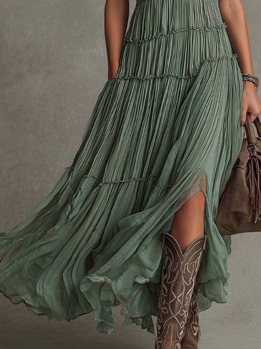 Bohemian Holiday Pleated Chiffon Tiered Maxi Dress