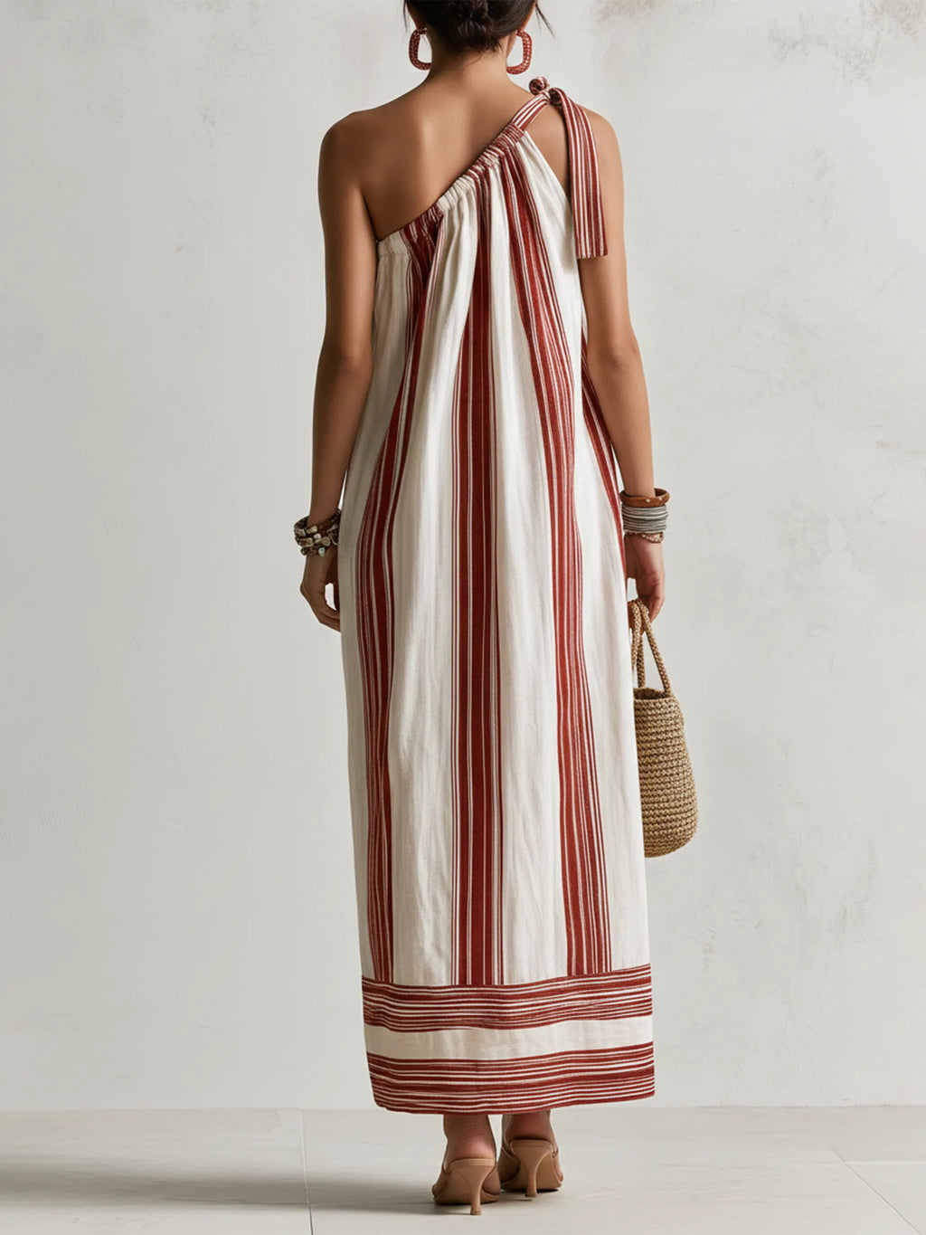 Rust Vertical Stripe Tie One Shoulder Linen Maxi Dress