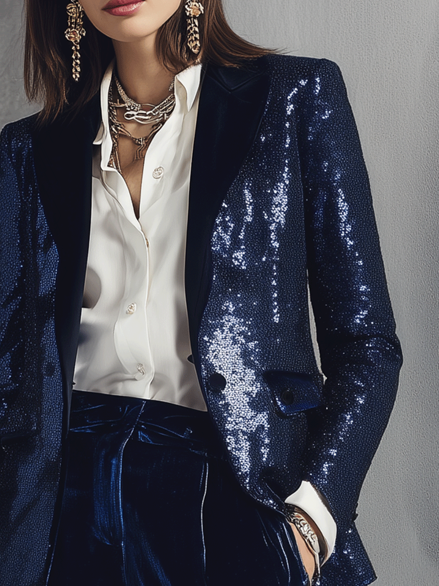 Sequin Blazer & Velvet Wide-Leg Pants Two-Piece Suit Set