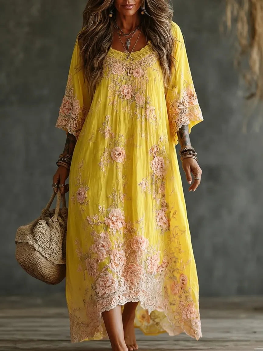 Women's Boho Floral Embroidered Lace Printed Maxi Dress