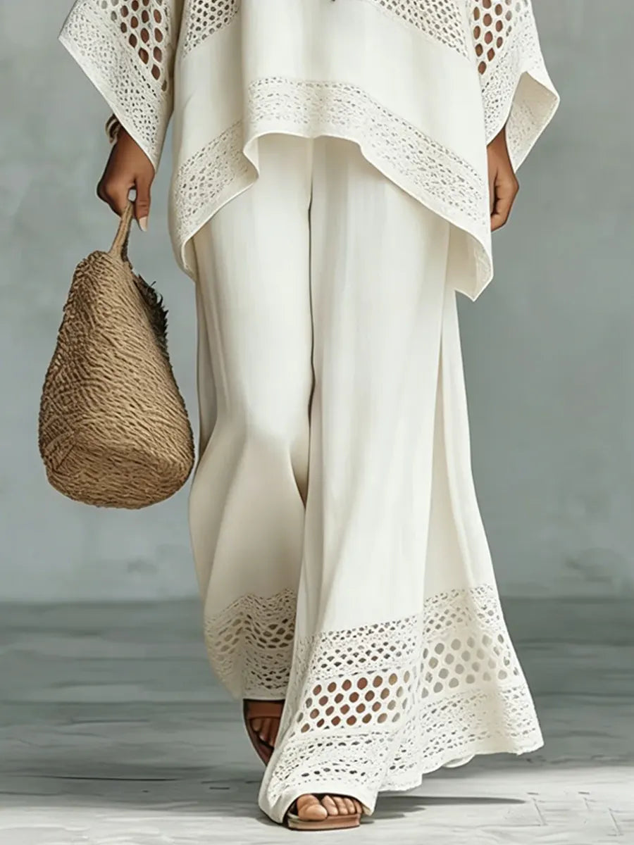 Women's Vintage Ethnic Art Comfortable Loose Cotton Linen Wide-leg Pants Two-piece Set