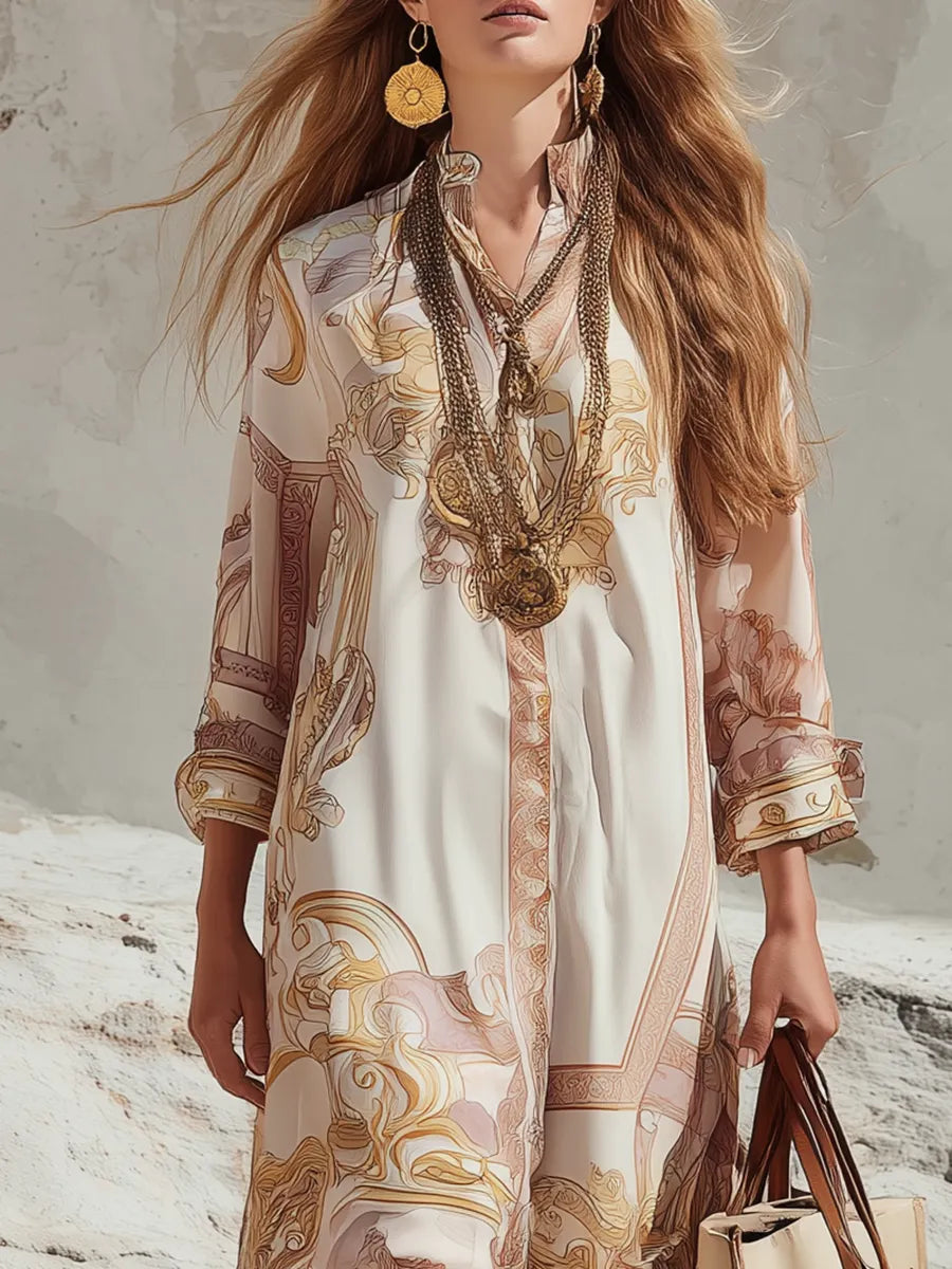 Elegant Blush Baroque Print Flowing Maxi Dress