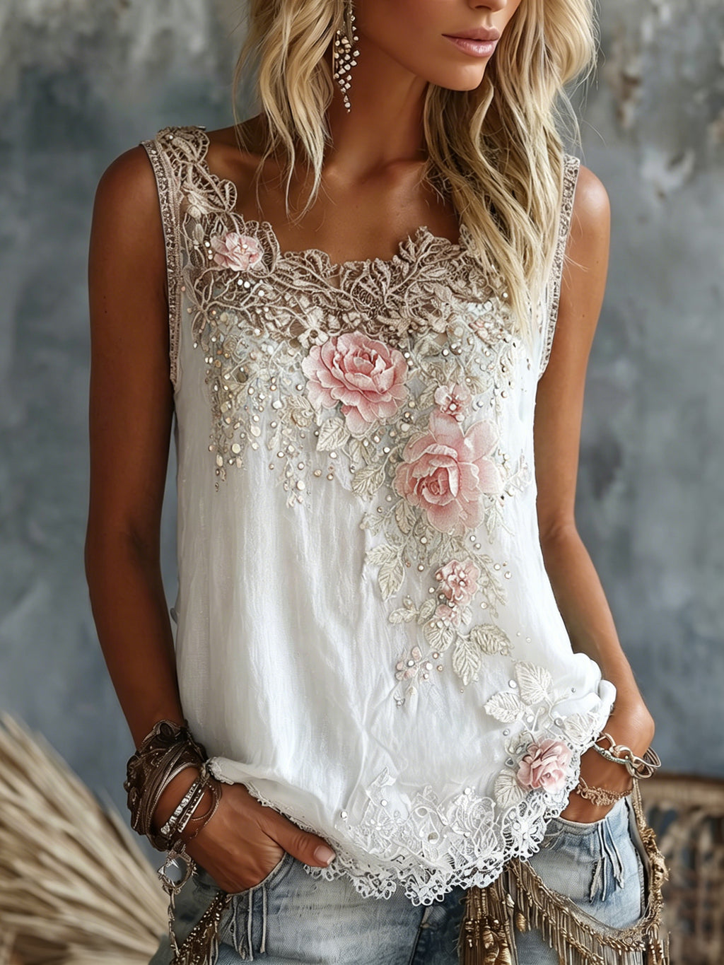 Women's Vintage Rose Floral Art V-neck Linen Vest