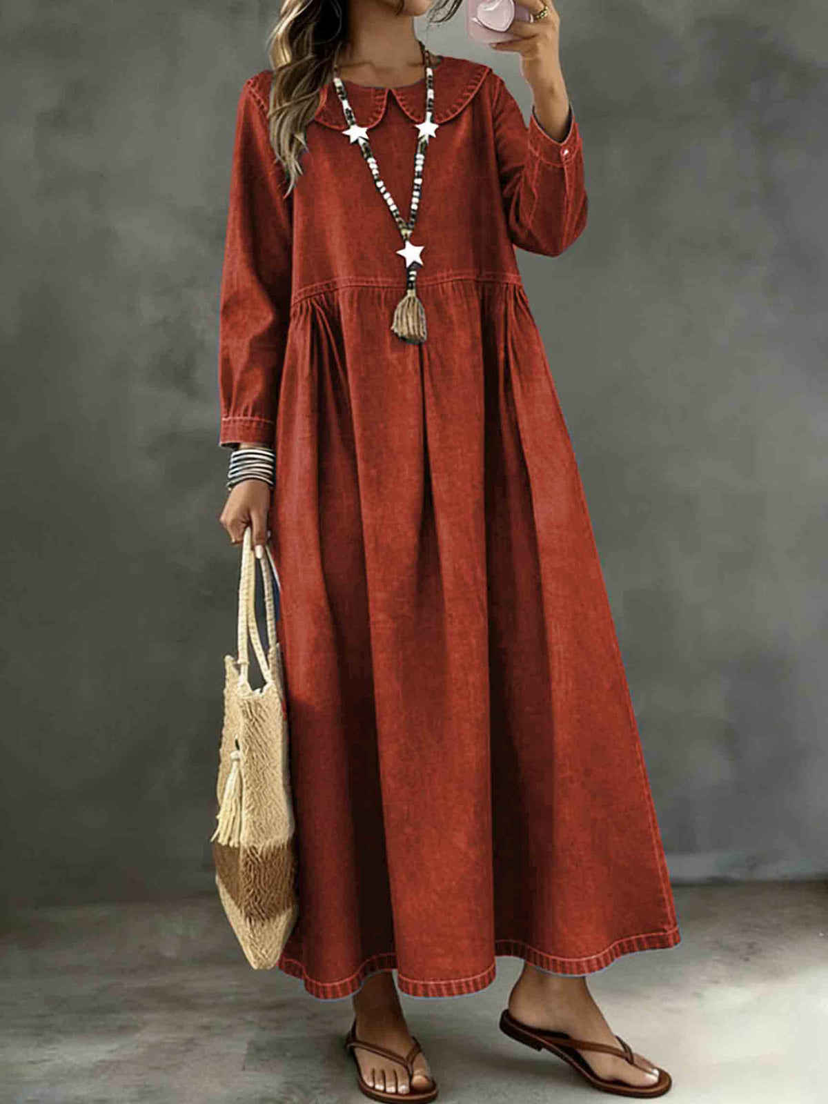 Long Sleeved Lotus leaf collar  Loose Denim Dress