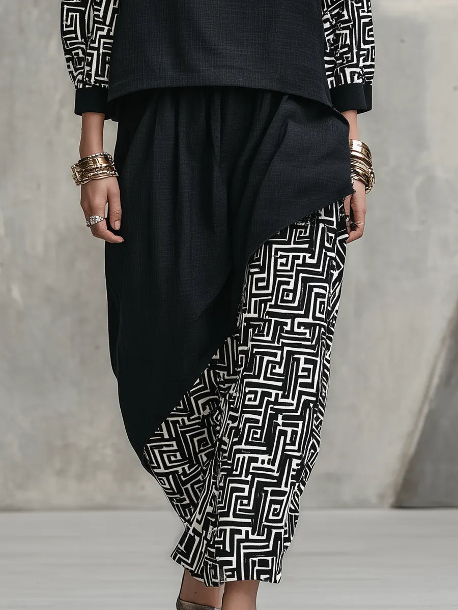 Black Linen Geometric Print Turtleneck Skirt Set