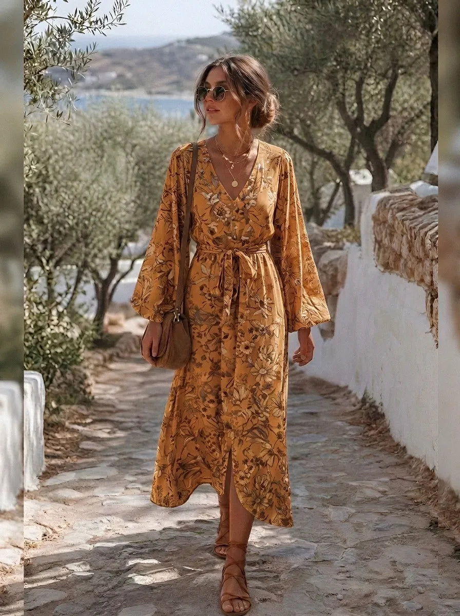 Women's Bohemian Floral V-Neck Long Sleeve Printed Dress