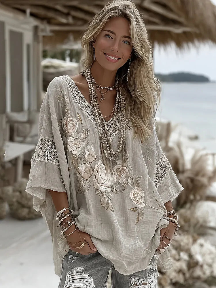 Vintage Boho Floral Embroidered Art V Neck Casual Linen Tunic