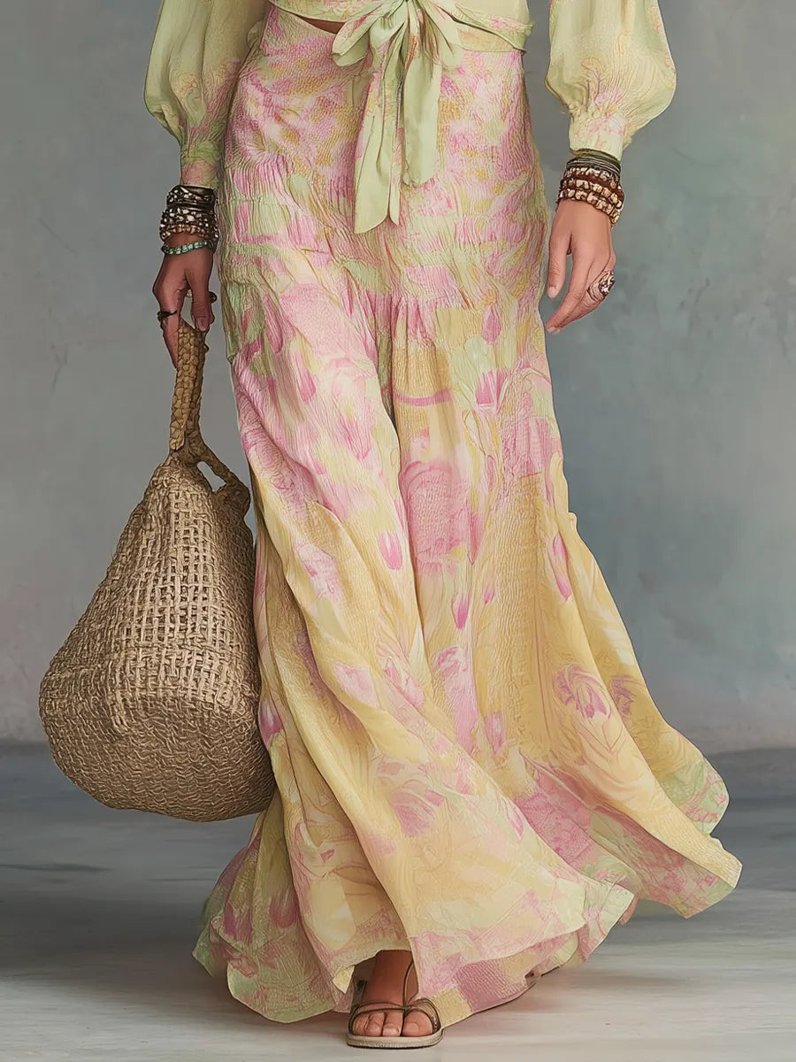 Romantic Sage Floral Tie-Front Skirt Set