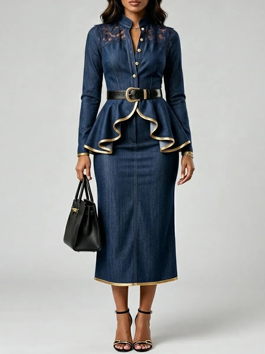 Minimalist Casual Denim Midi Skirt With Gold Piping