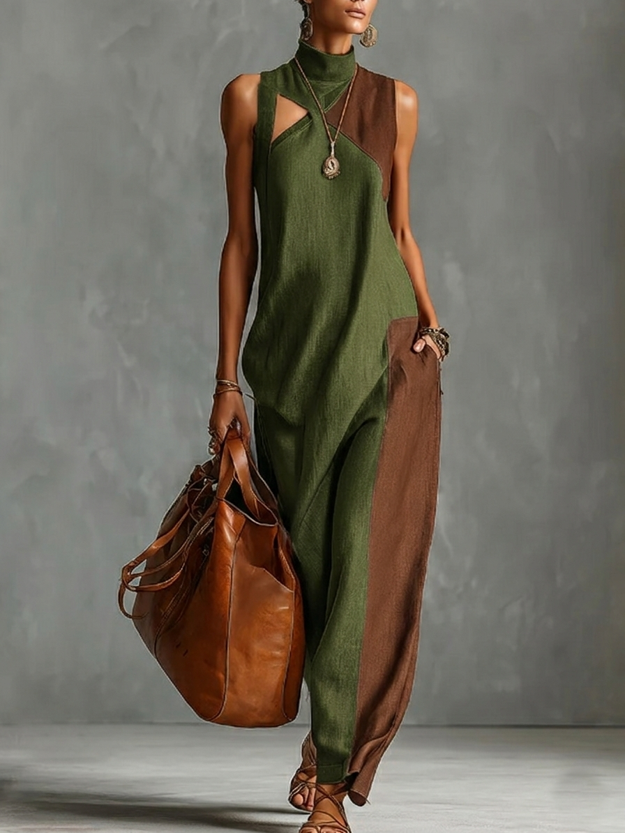 Fashionable Color-blocked Linen-cotton Maxi Dress