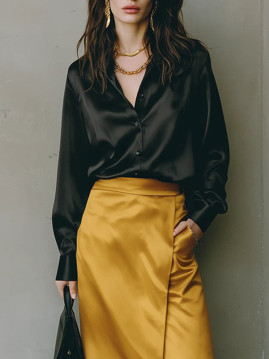 Midnight Satin Gold Wrap Midi Dress