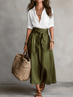 Effortless Boho Black Blouse & Olive Satin Midi Skirt Set