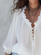 Airy White Lace-Up Boho Blouse