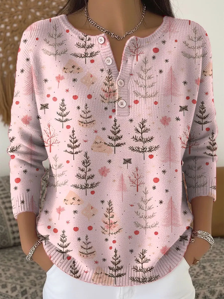Women's Christmas Tree Art Print Buttoned Cardigan Sweater