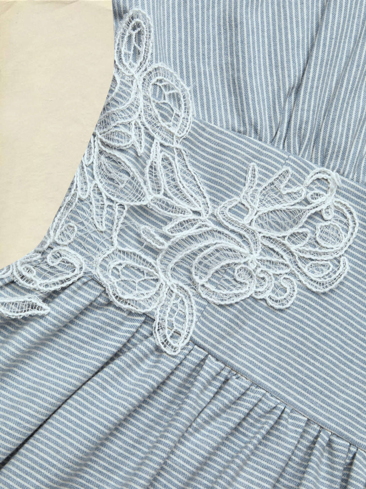 Maxi Cotton Dress, Half Sleeve, V Neck, Striped, Lace, Vintage, Blue