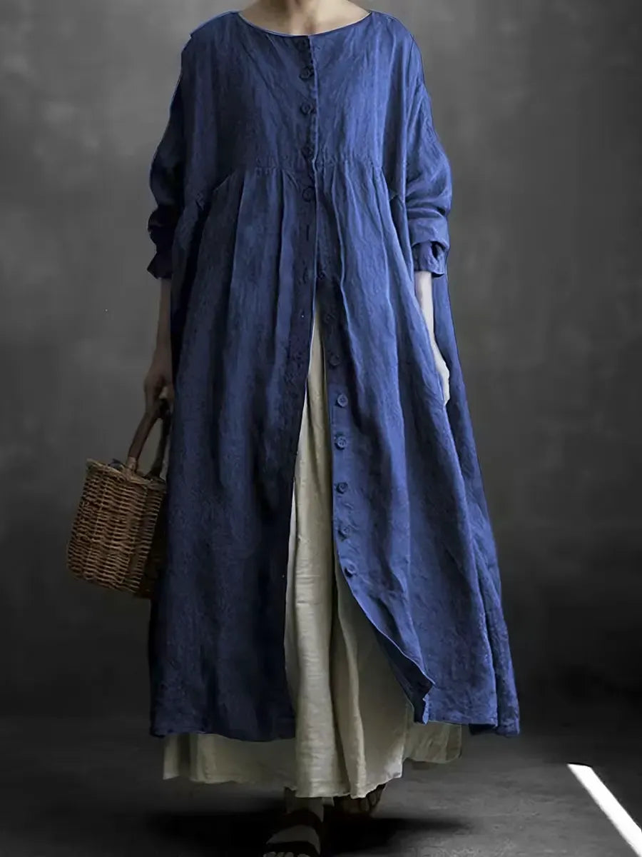 Women's Solid Color Art Casual Long Sleeve Cotton Linen Dress
