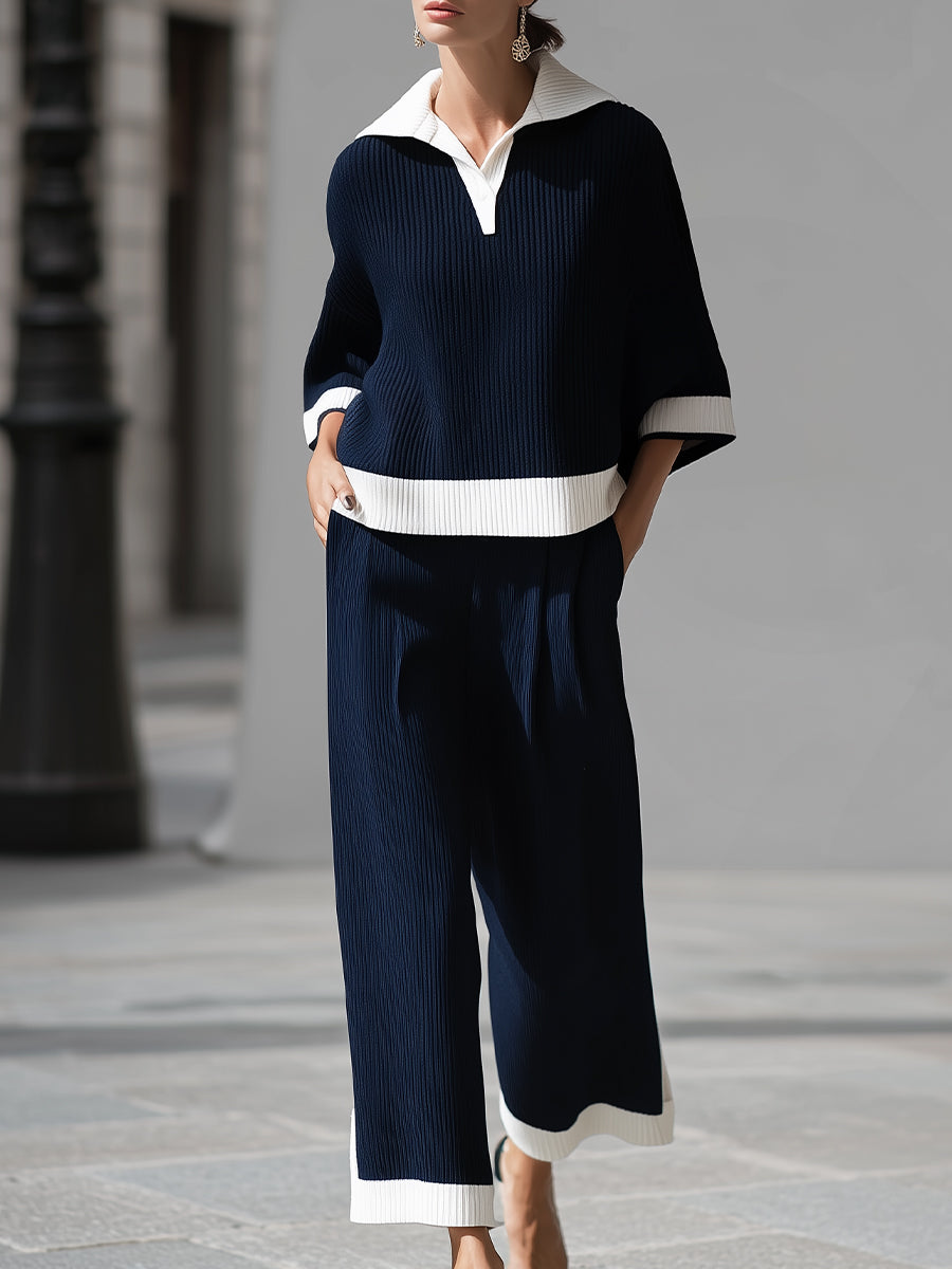 Sophisticated Nautical Ribbed Knit Two-Piece Lounge Set