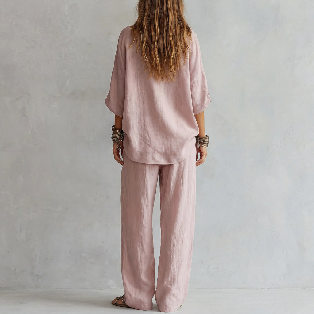 Casual Light Pink Linen Wide-leg Pants Set
