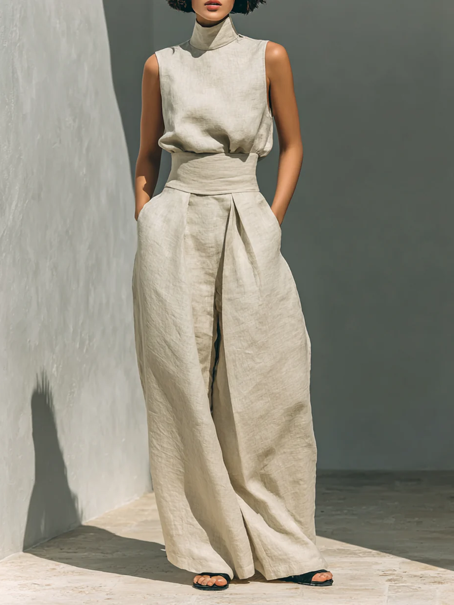 Elegant stand-collar shirt and wide-leg pants two-piece set