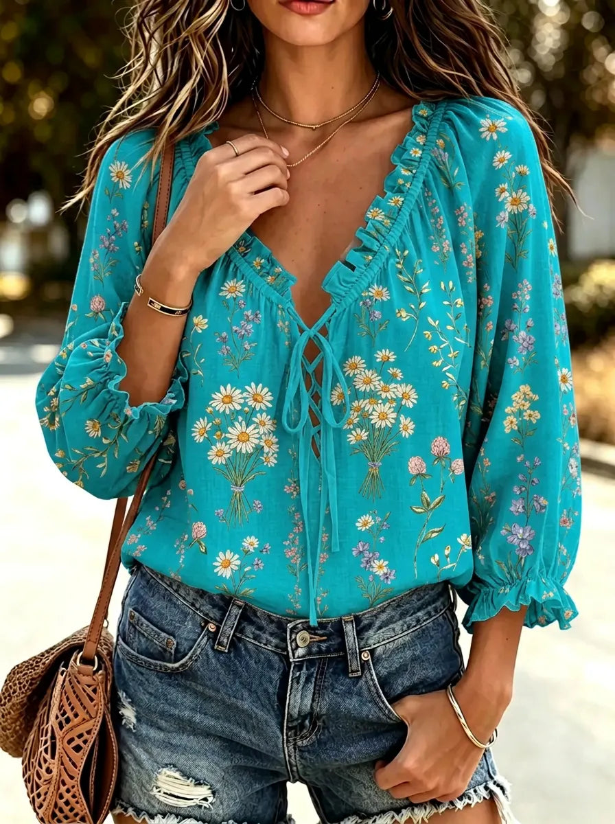 Women's Boho Floral Daisy Meadow Printed Cotton Short Sleeve Top