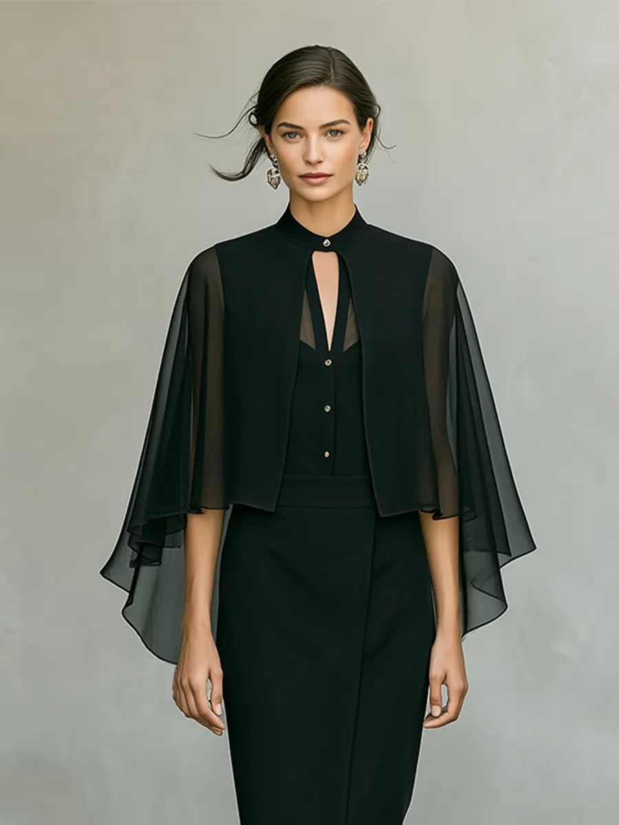 Women's Black Crepe & Chiffon Two-Piece Set With Cape Overlay & Midi Dress, Timeless Formal-Elegant Style Set MDZ1418D7LYL