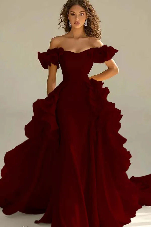Off the Shoulder Sleeveless Long Mermaid Prom Dress With Ruffles JQ0149