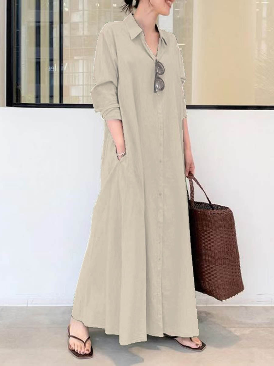 Women's Solid Color Casual Loose Elegant V-Neck Cotton And Linen Pocket Shirt Dress