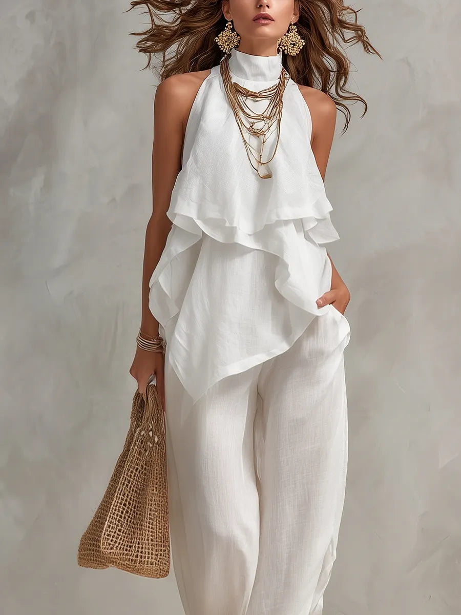 Bohemian White Linen Ruffled Top And Wide Leg Pants