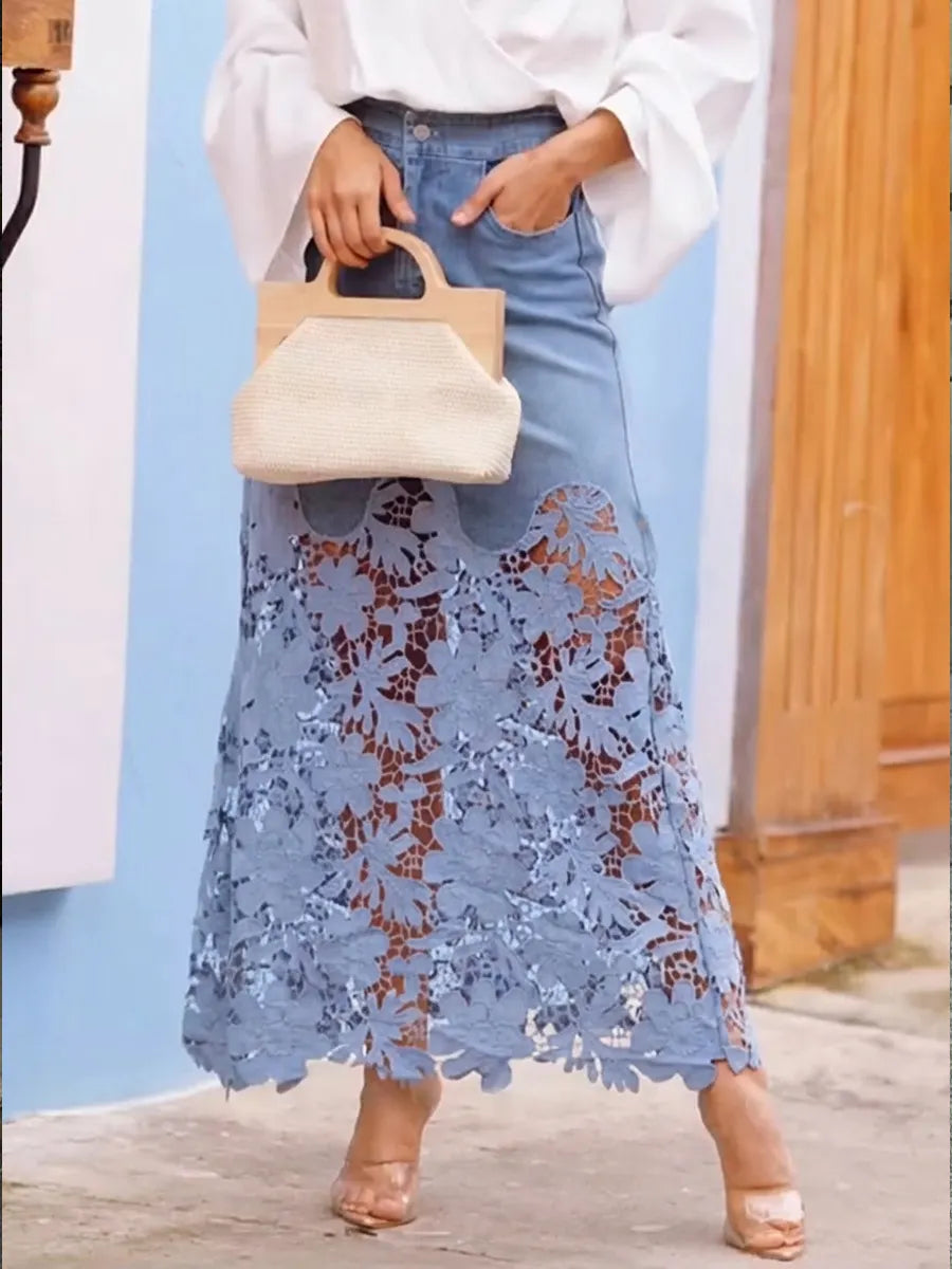 Stylish And Casual Patchwork Lace Denim Skirt