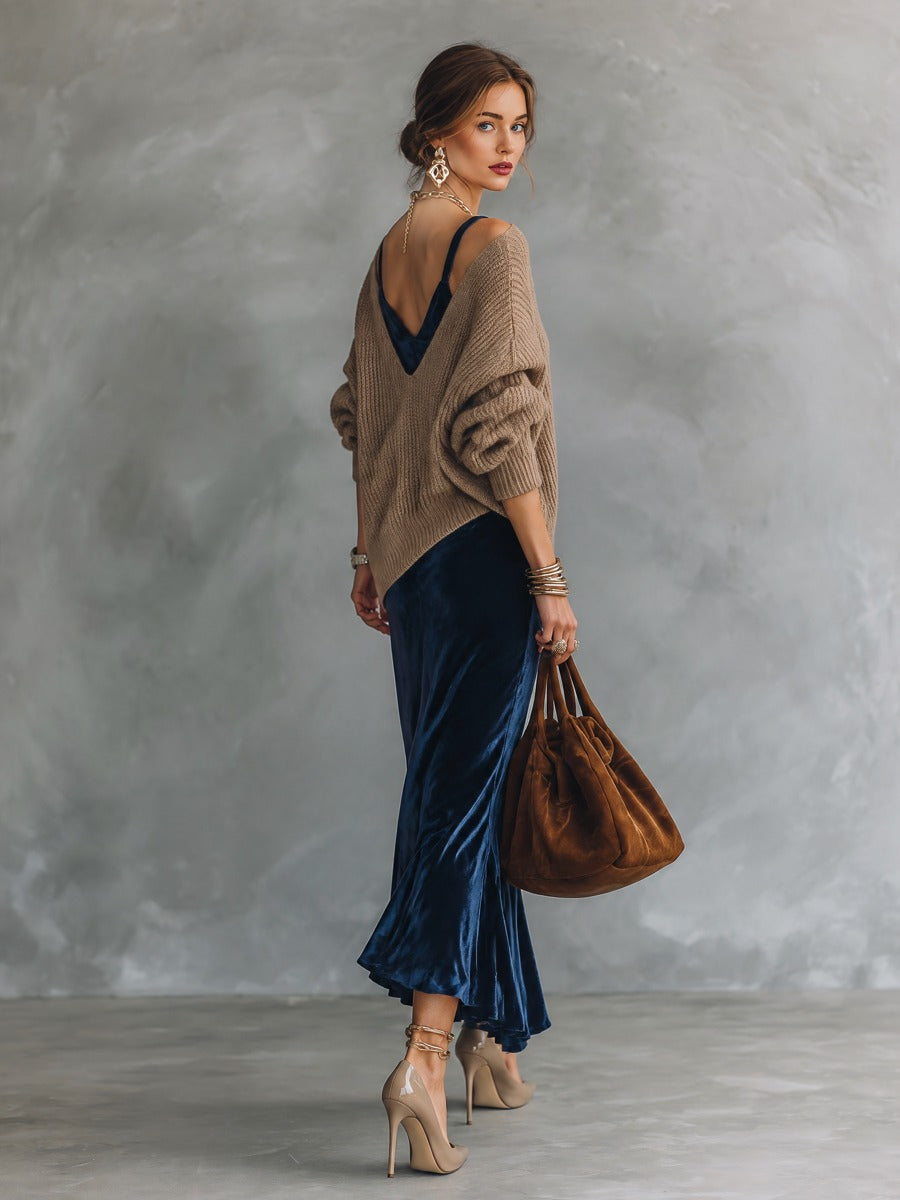 Layered Velvet Cowl Neck Slip Dress with Oversized Knit Sweater Set