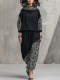 Black Linen Geometric Print Turtleneck Skirt Set