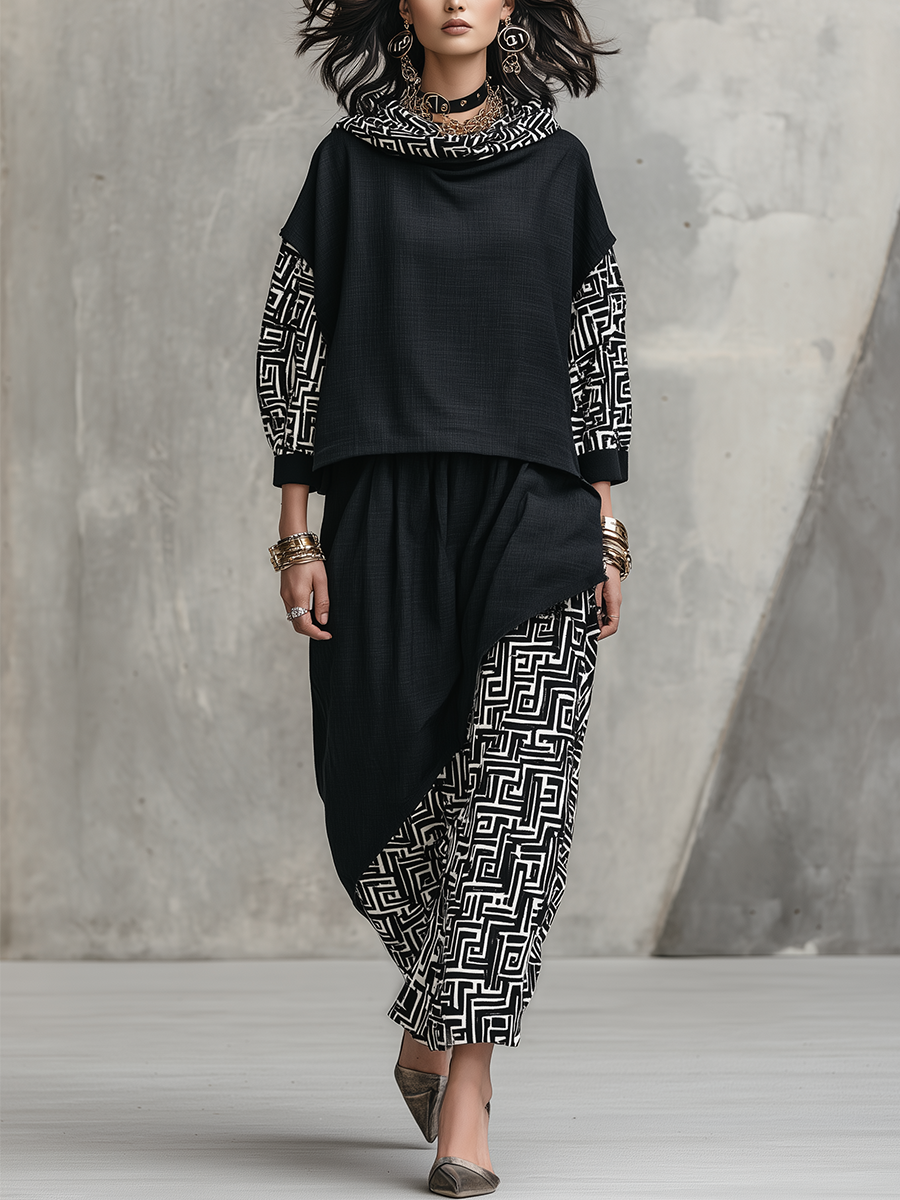 Black Linen Geometric Print Turtleneck Skirt Set