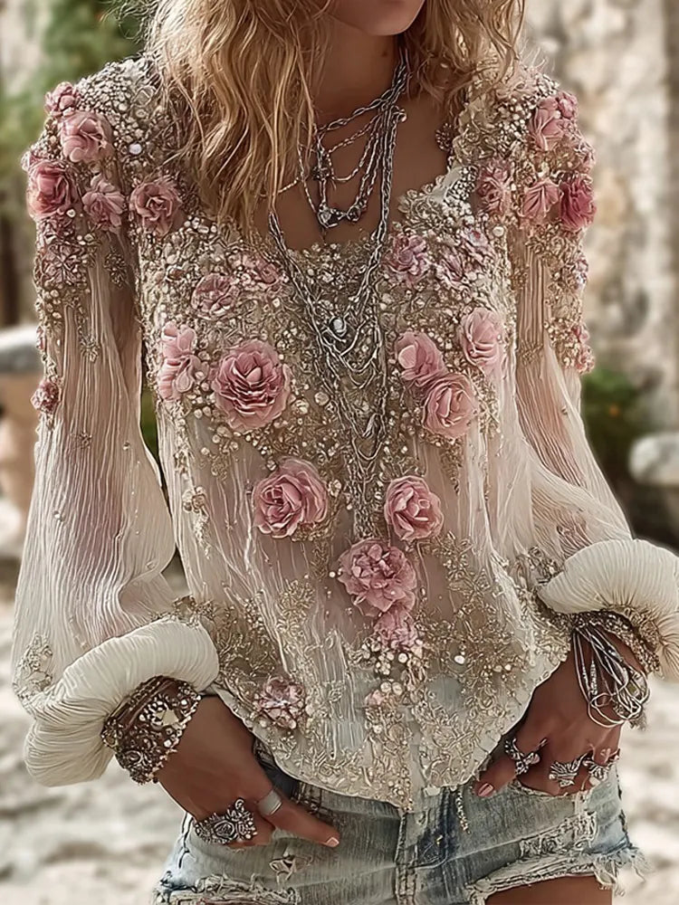 Vintage Boho Roses Embroidered Flowy Linen T Shirt