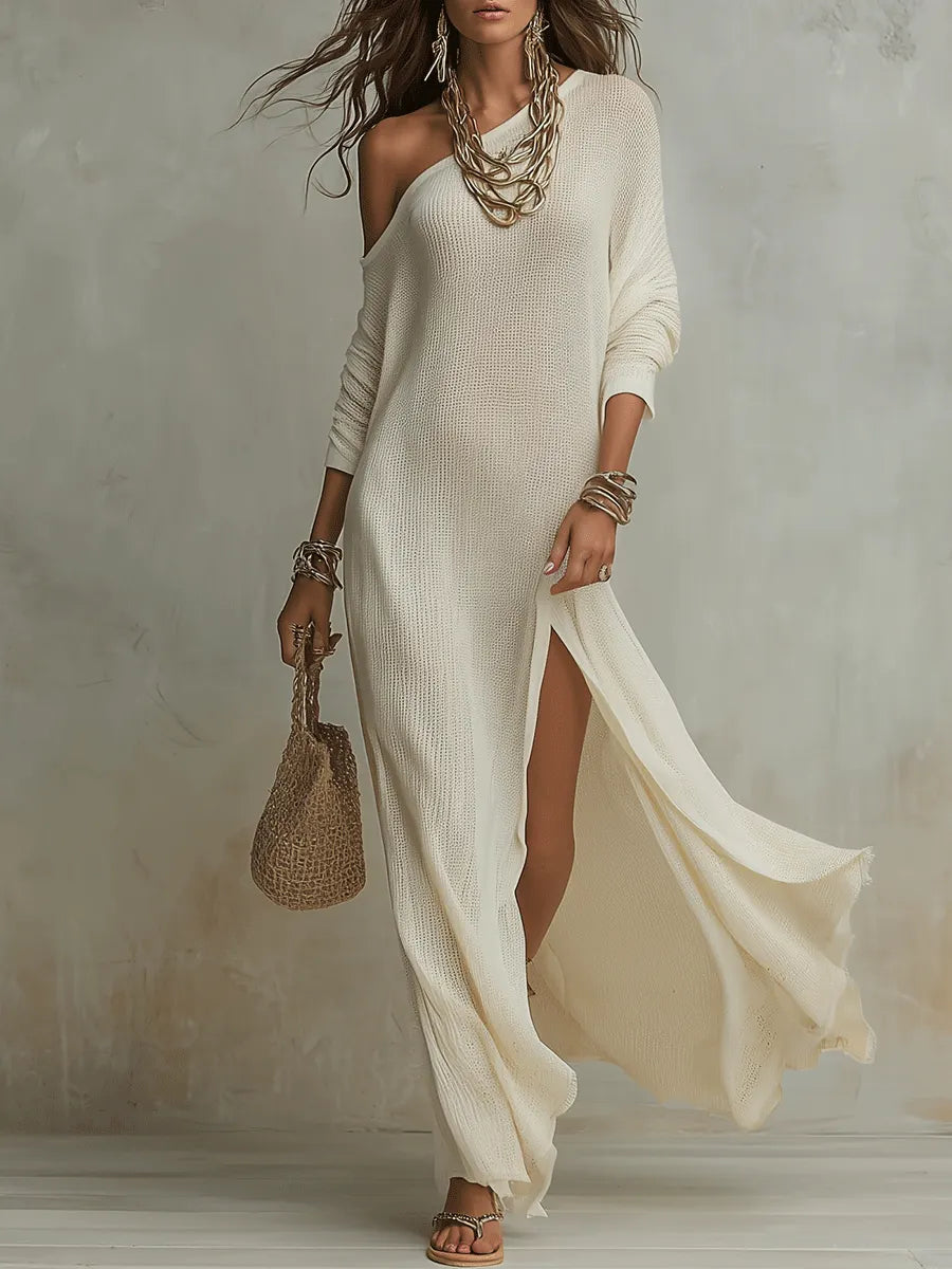Bohemian One-Shoulder Textured Maxi Dress In Soft Ivory