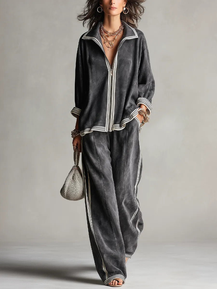 Casual Charcoal Gray Striped Jacket And Trousers Suit