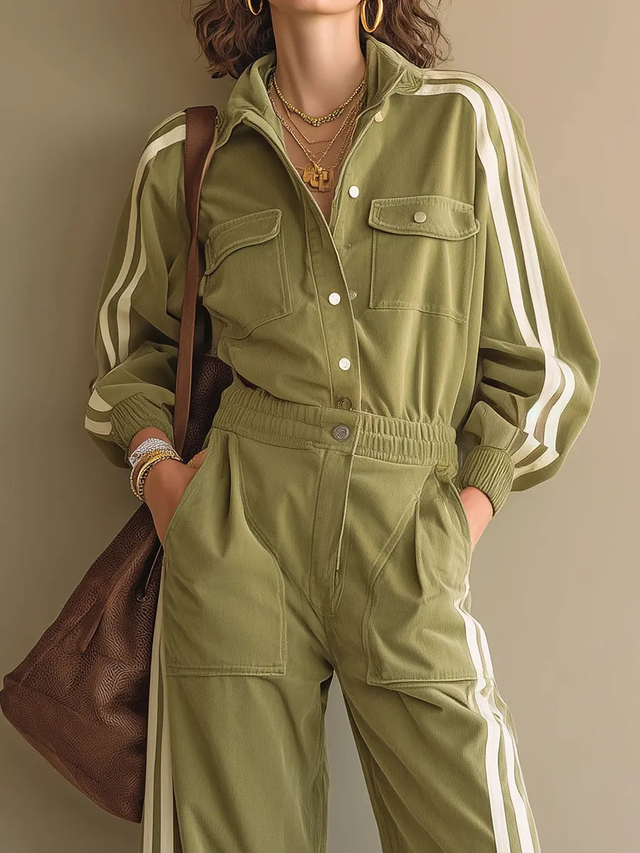 Utility Olive Green Striped Cargo Pant Set