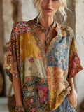 Bohemian Style Patchwork Print Vintage Tie-dye V-neck Short-sleeved Shirt