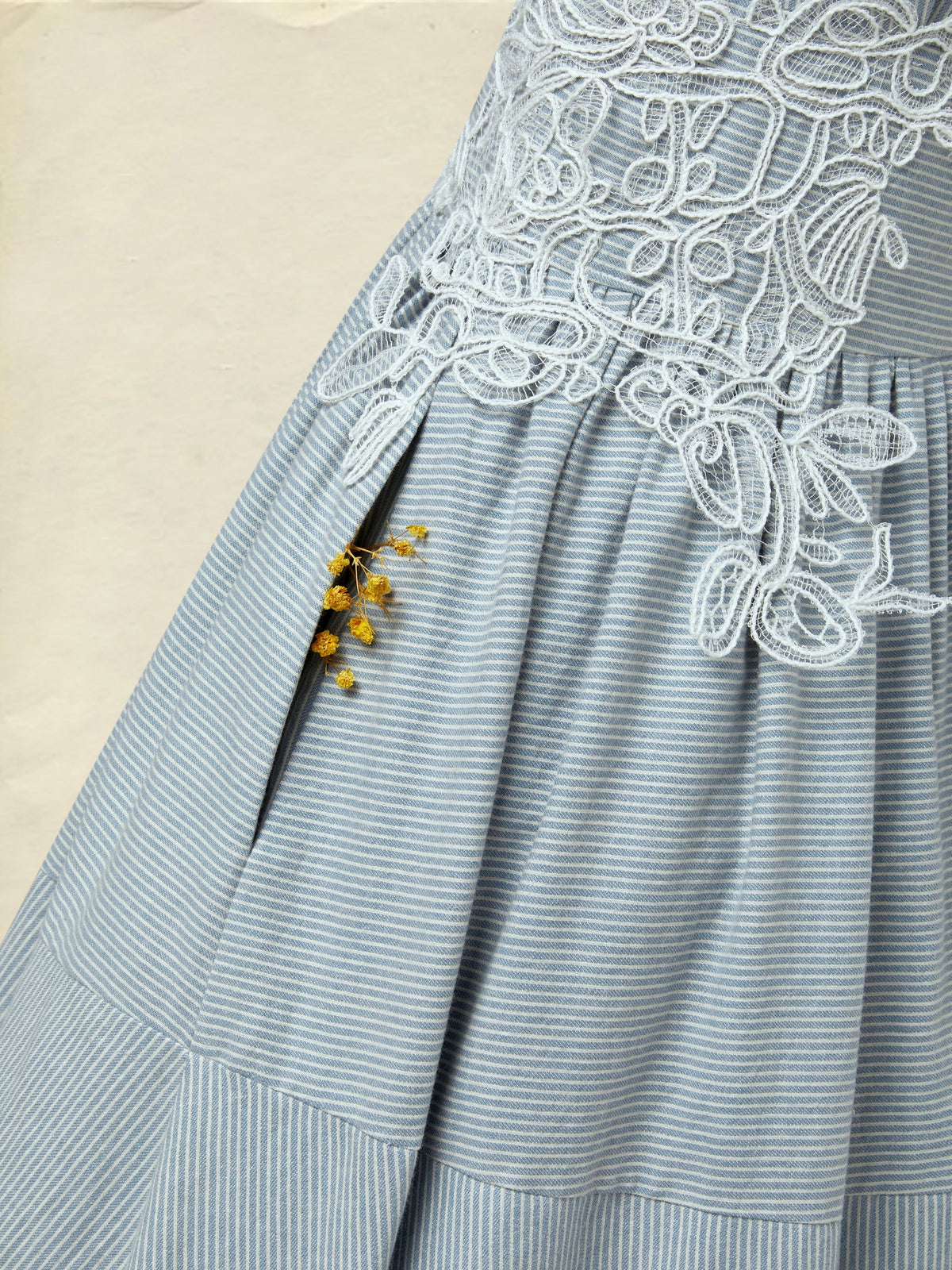 Maxi Cotton Dress, Half Sleeve, V Neck, Striped, Lace, Vintage, Blue