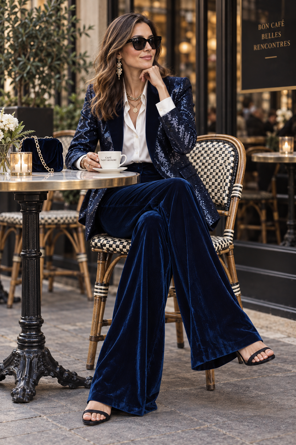 Sequin Blazer & Velvet Wide-Leg Pants Two-Piece Suit Set