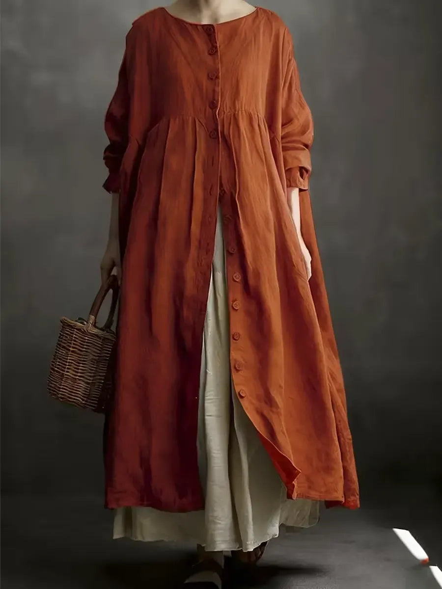 Women's Solid Color Art Casual Long Sleeve Cotton Linen Dress