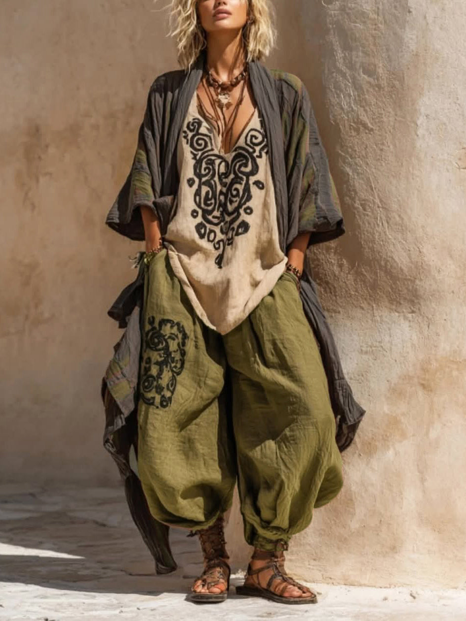 Boho Casual Loose Linen Cotton Three-piece Set