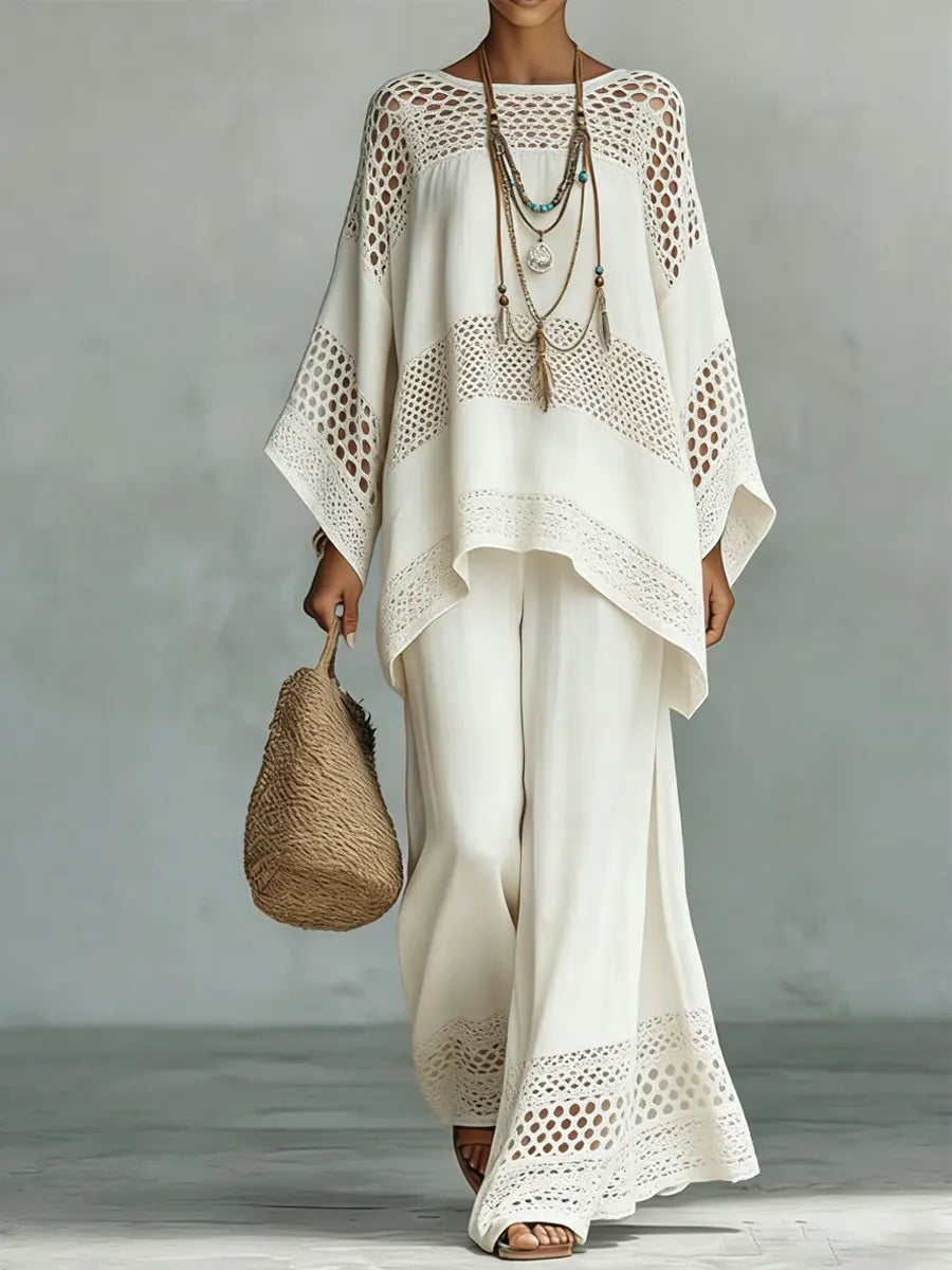 Women's Vintage Ethnic Art Comfortable Loose Cotton Linen Wide-leg Pants Two-piece Set