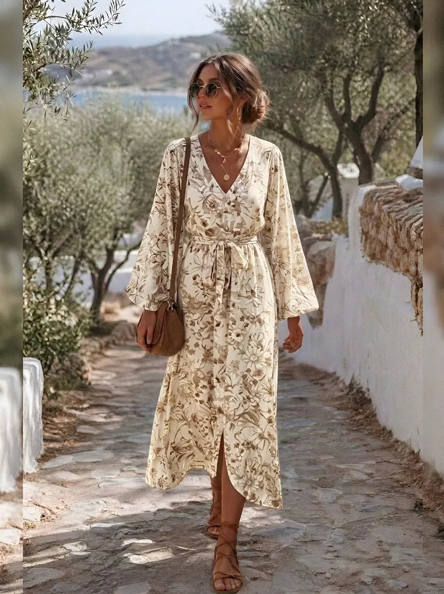 Women's Bohemian Floral V-Neck Long Sleeve Printed Dress