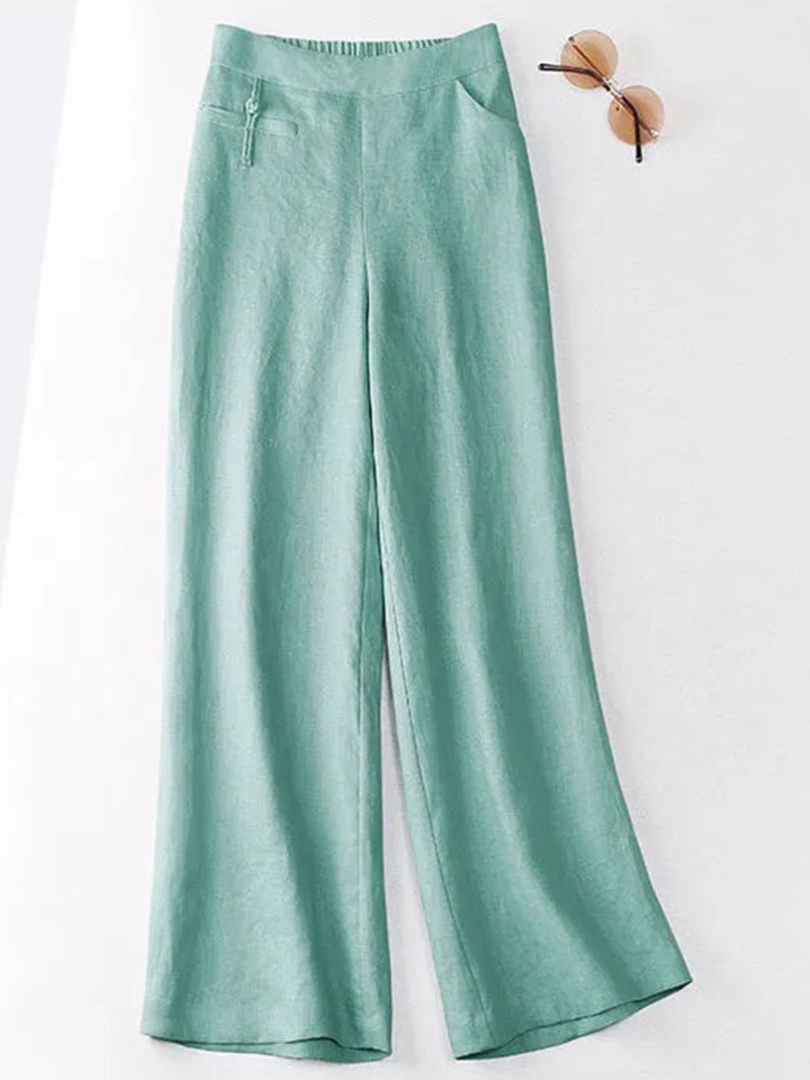 Women's Solid Color Button Half Elastic High Waist Casual Cotton and Linen Wide Leg Pants