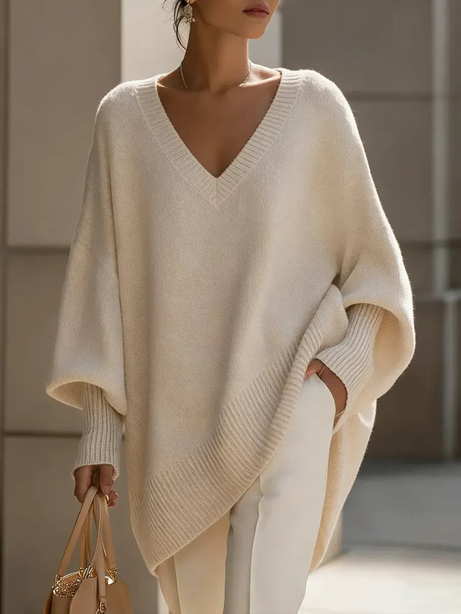 Women's Solid Color V-neck Long-sleeved Casual Loose-fitting Knitted Pullover Sweater