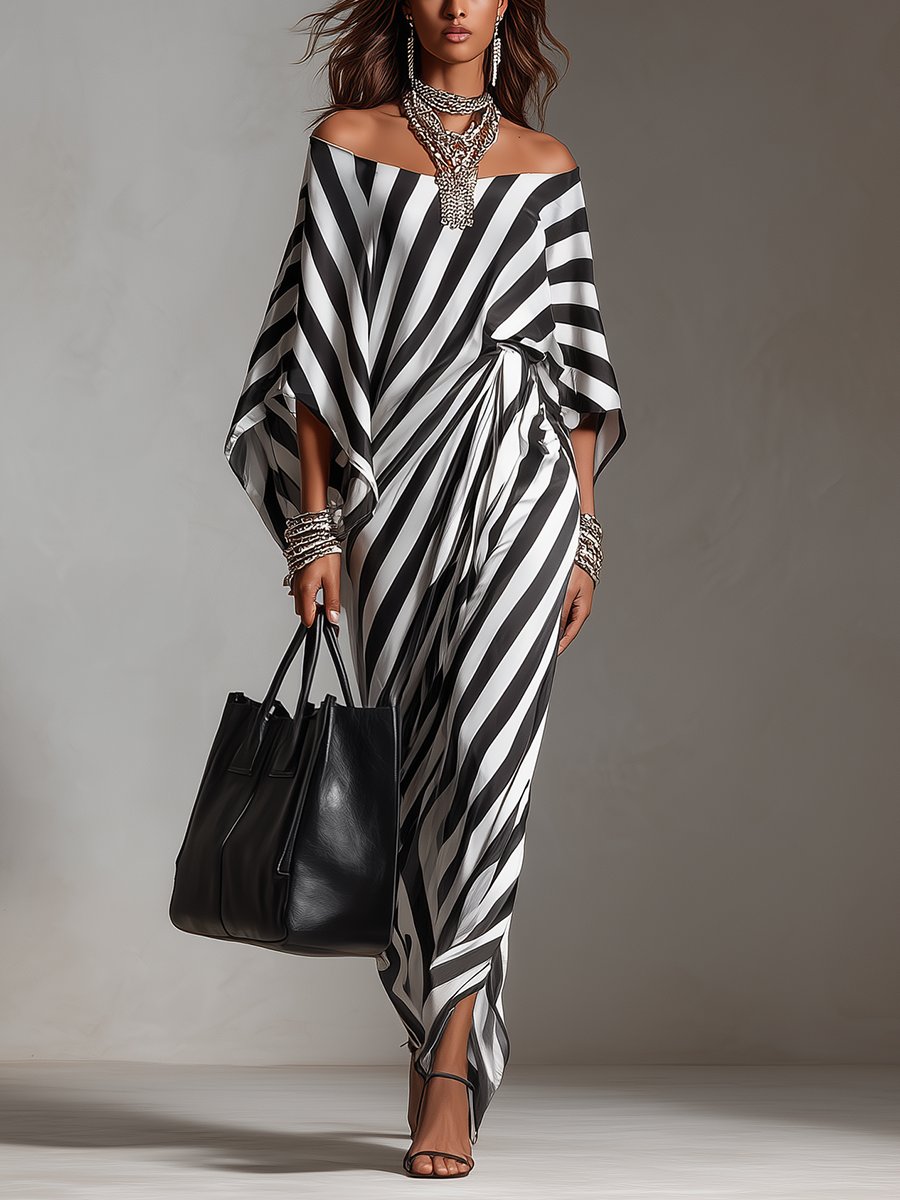 Statement Monochrome Stripe Asymmetric Maxi Dress
