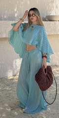 Aqua Blue Striped Ruffle Two-Piece Set | Flowy Cape Crop Top & Wide-Leg Palazzo Pants