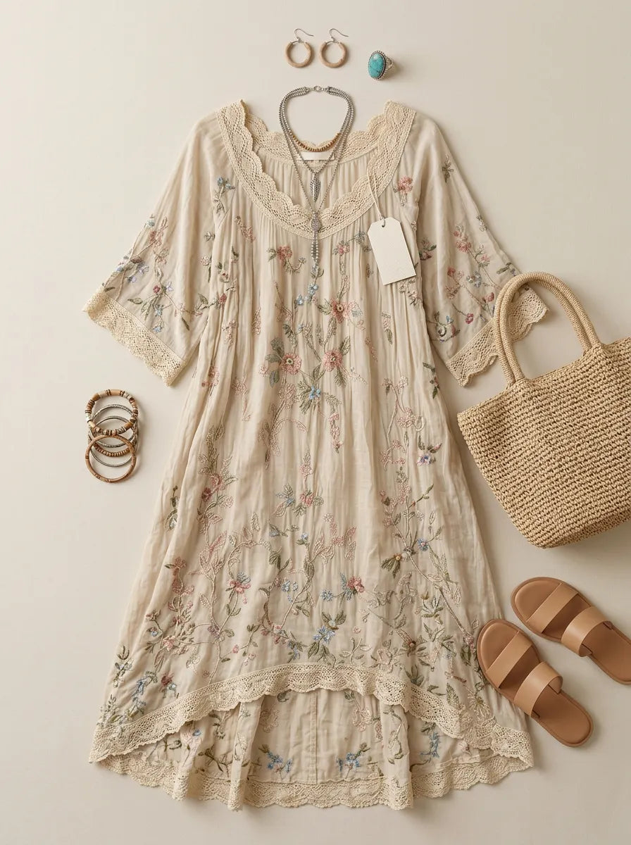 Women's Bohemian Floral Embroidered Printed Maxi Dress